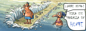 Caricatura hombre en la playa separando las aguas
