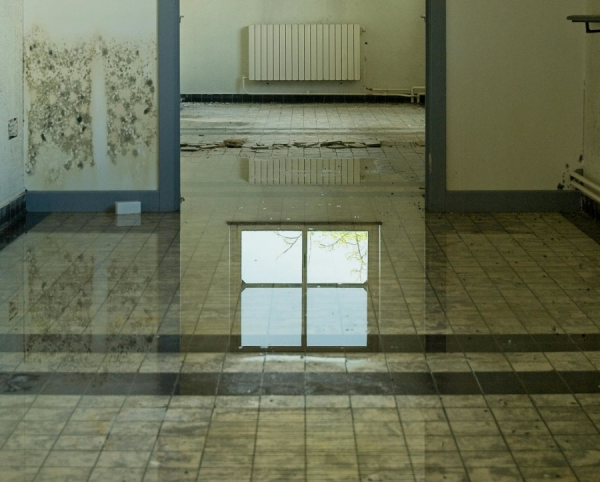 Charco de agua sucia en suelo de plaqueta.