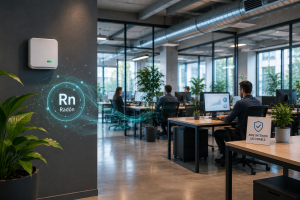espacio de trabajo con medidor de gas radón